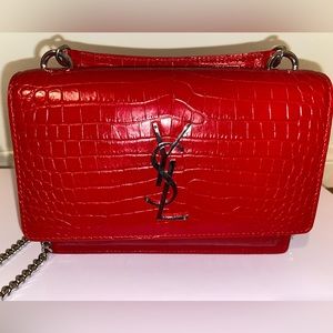 Saint Laurent Red Croc Effect Small Sunset Bag - Silver HWR